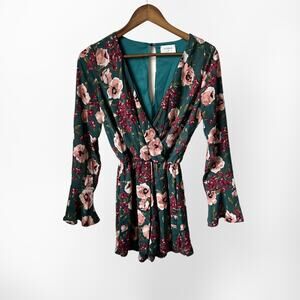 Everly Teal Floral Long Sleeve Romper - Size Small